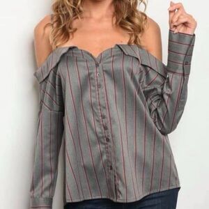 Strut & bolt pinstripe off shoulder gray striped blouse